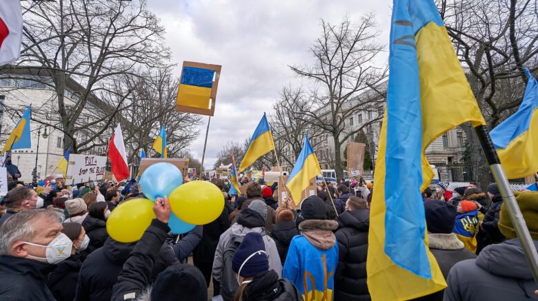 Photo shows a demonstration in Berlin against the Russian invasion of Ukraine.