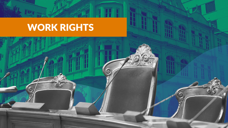 Work Rights. An image of magistrate seats superimposed in front of the Industrial Court of Malaysia.